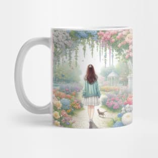 Sweet girl with a cat in the flower garden Mug